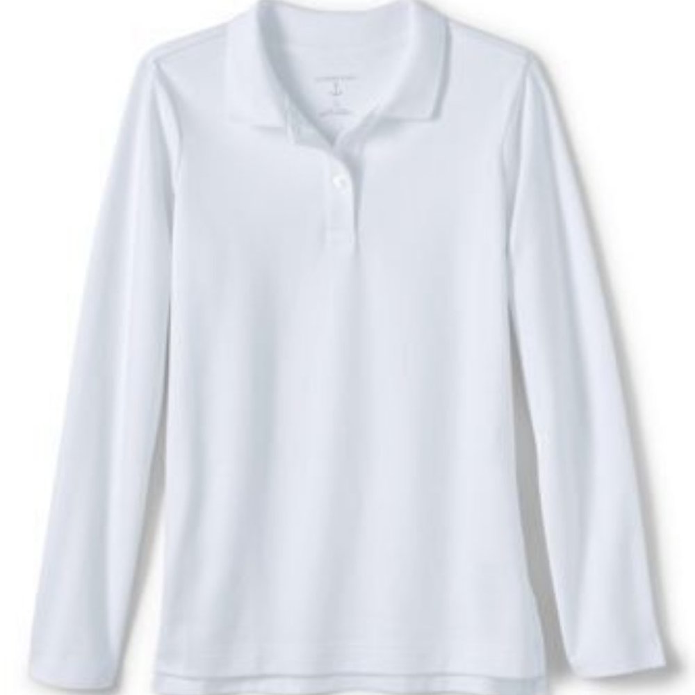 NWT LANDS'‎ END GIRLS LONG SLEEVE FEMININE FIT INTERLOCK POLO SHIRT WHITE M & L